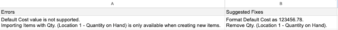 Downloaded errors file showing the errors preventing a successful import.
