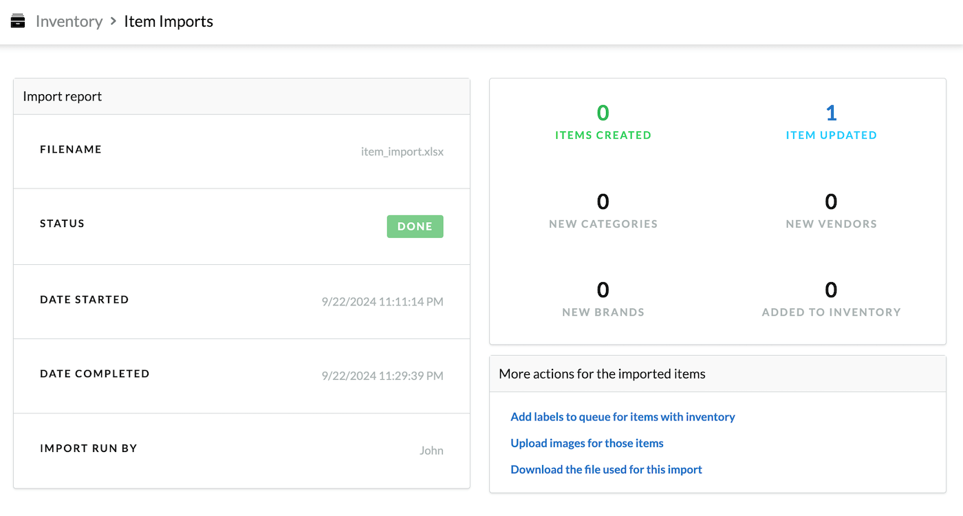 Completed item import page showing summary of import.