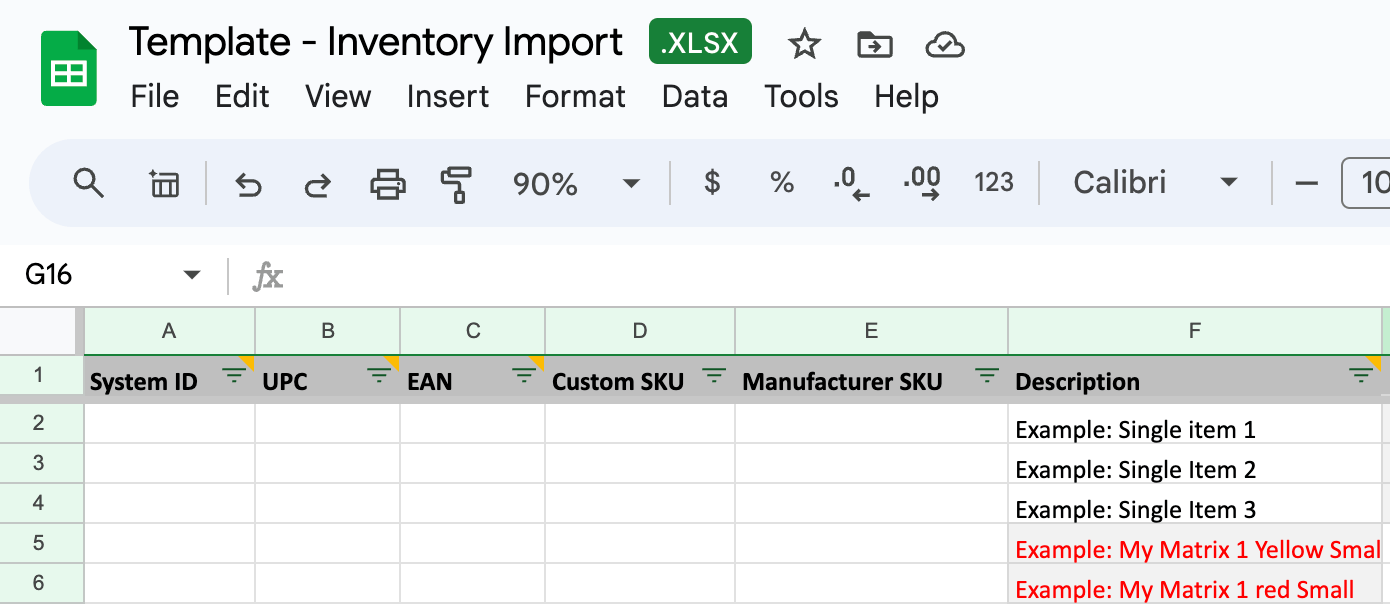 Inventory import template in Google Sheets.
