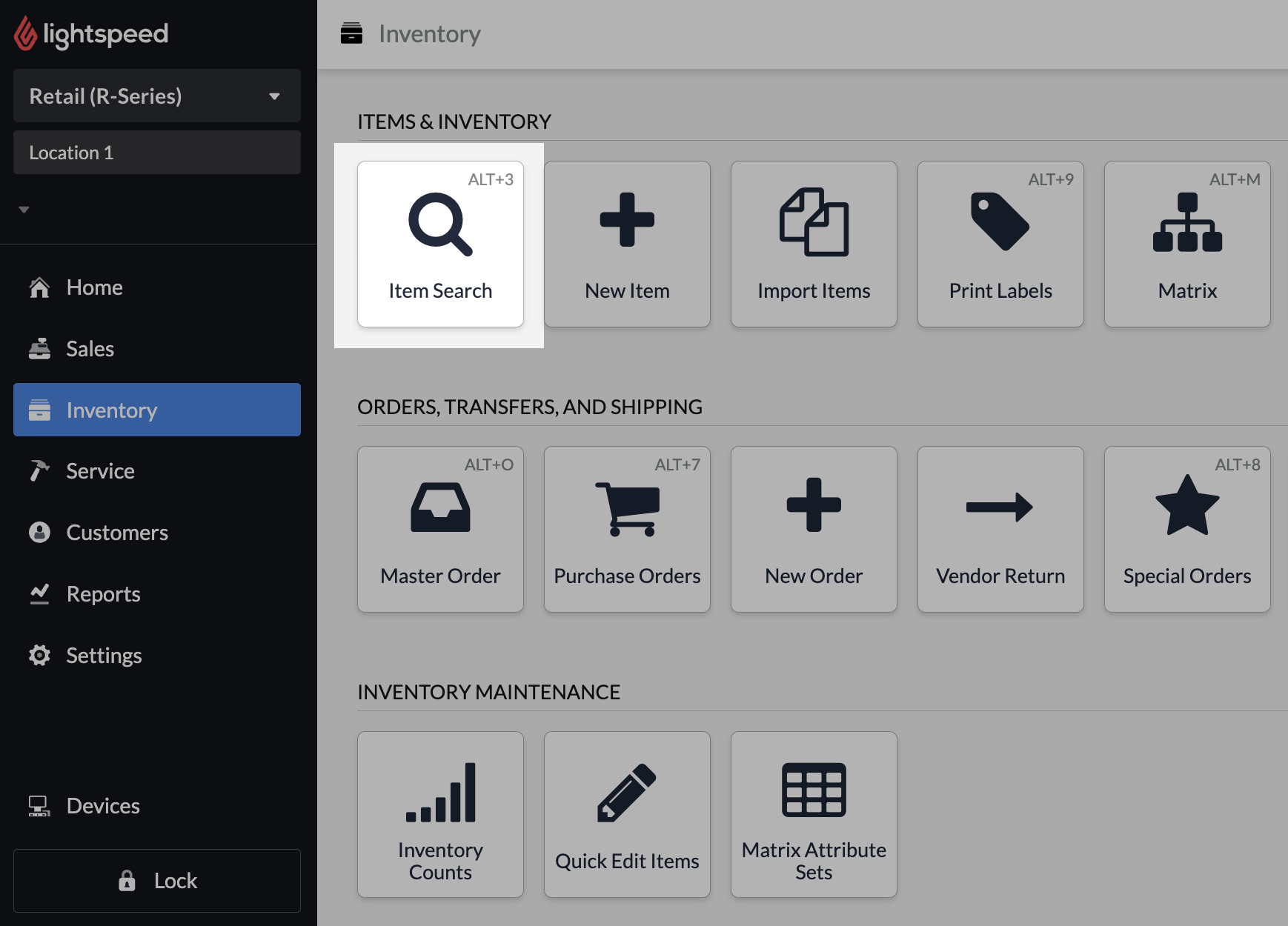 Inventory page with Item Search emphasized.