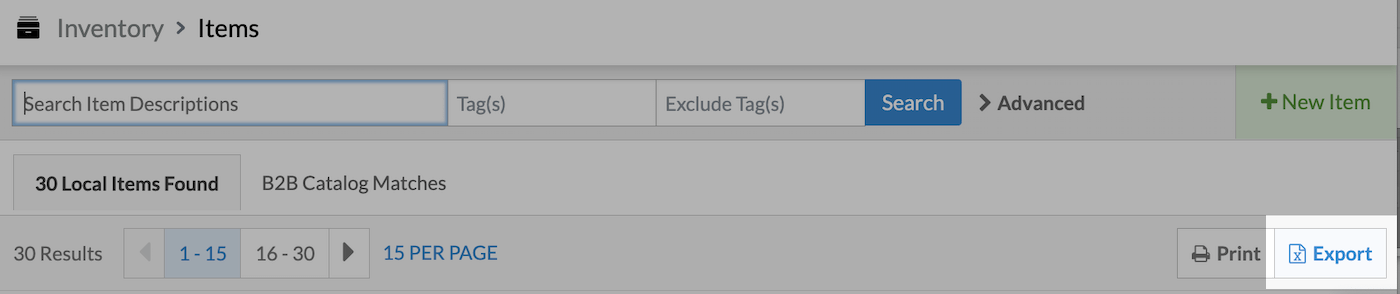 Items page with Export button emphasized.