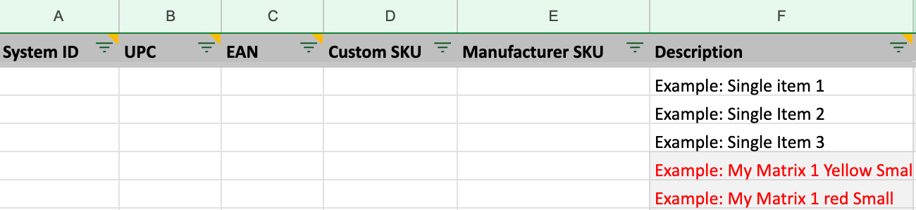Importing inventory spreadsheet showing System ID, UPC, EAN, Custom SKU, Manufacturer SKU, and Description columns.