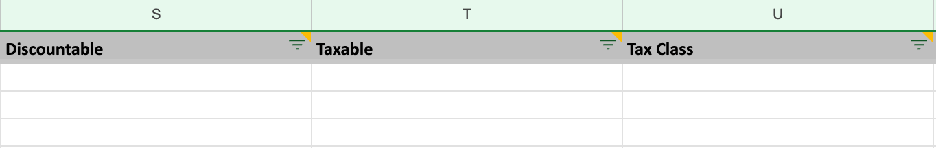 Importing inventory spreadsheet showing Discountable, Taxable, and Tax Class columns.