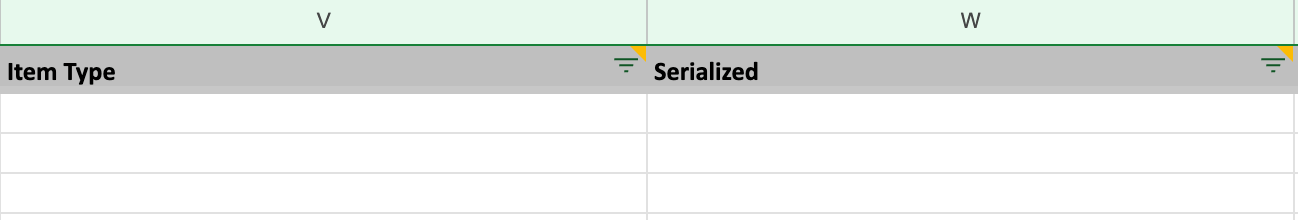 Importing inventory spreadsheet showing Item Type and Serialized columns.