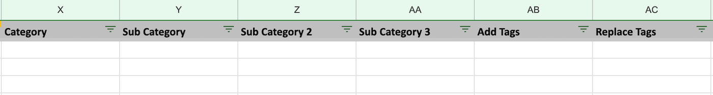 Importing inventory spreadsheet showing Category, Sub Category, Sub Category 2, Sub Category 3, Add Tags, and Replace Tags columns.