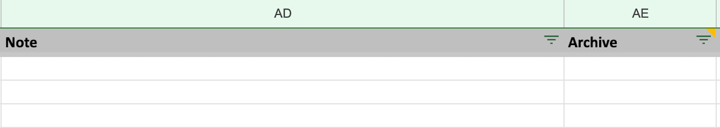 Importing inventory spreadsheet showing Note and Archive columns.