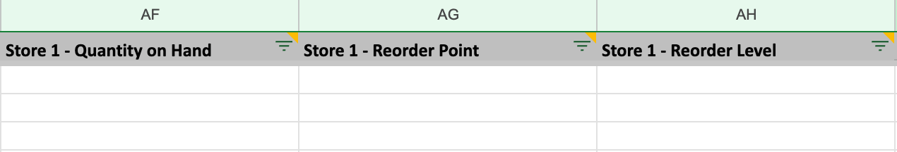 Importing inventory spreadsheet showing Store 1 - Quantity on Hand, Store 1 - Reorder Point, and Store 1 - Reorder Level columns.