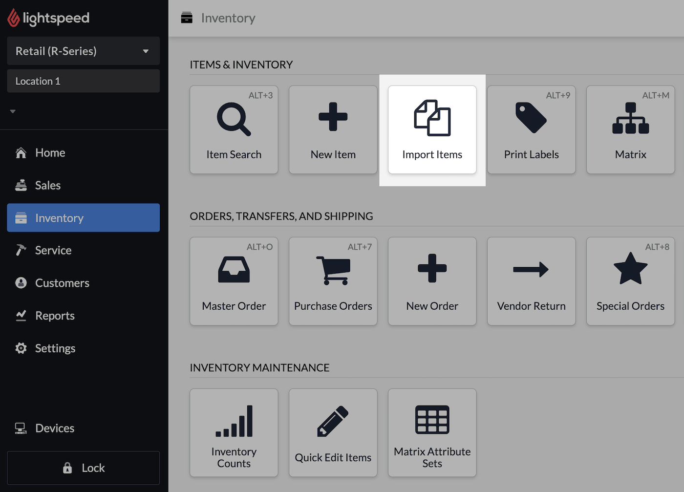 Inventory page with Import Items emphasized.