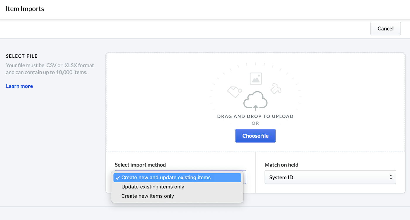 Import items page showing Select import method dropdown options.