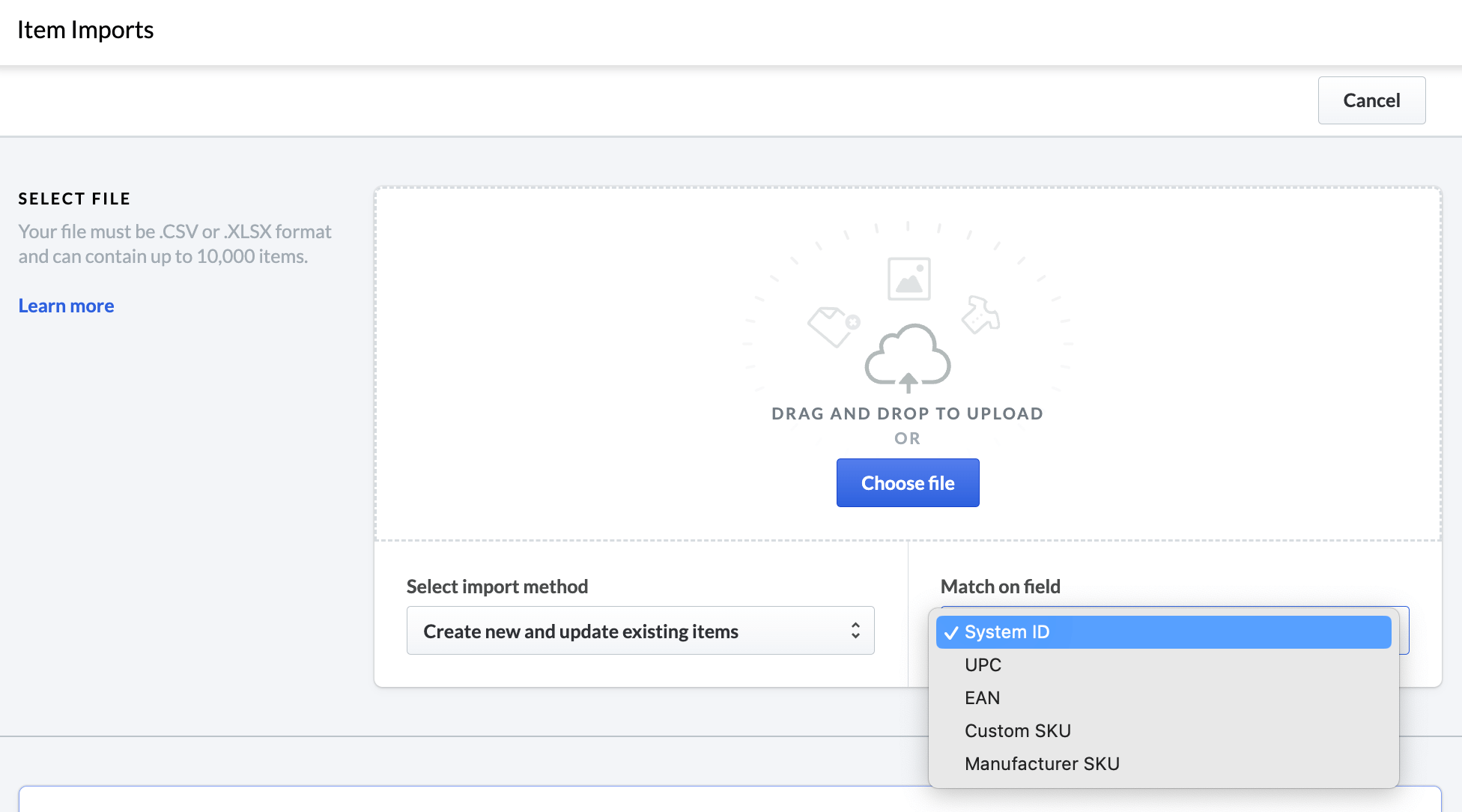 Import items page showing Match on field dropdown options.
