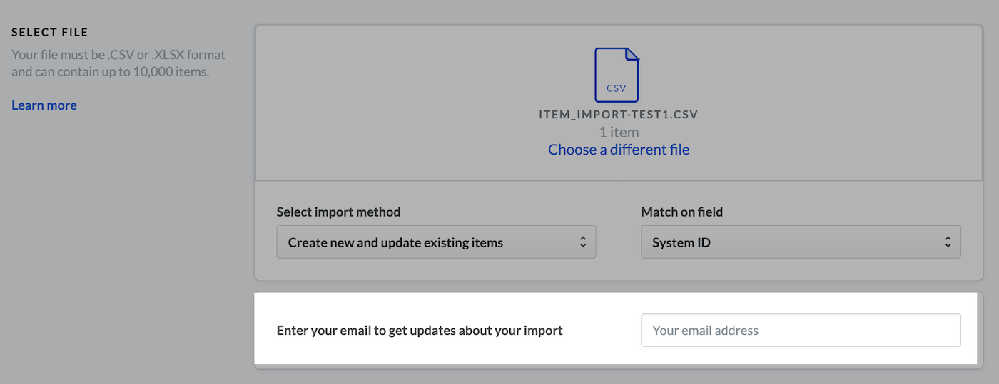 Import items page with email field emphasized.