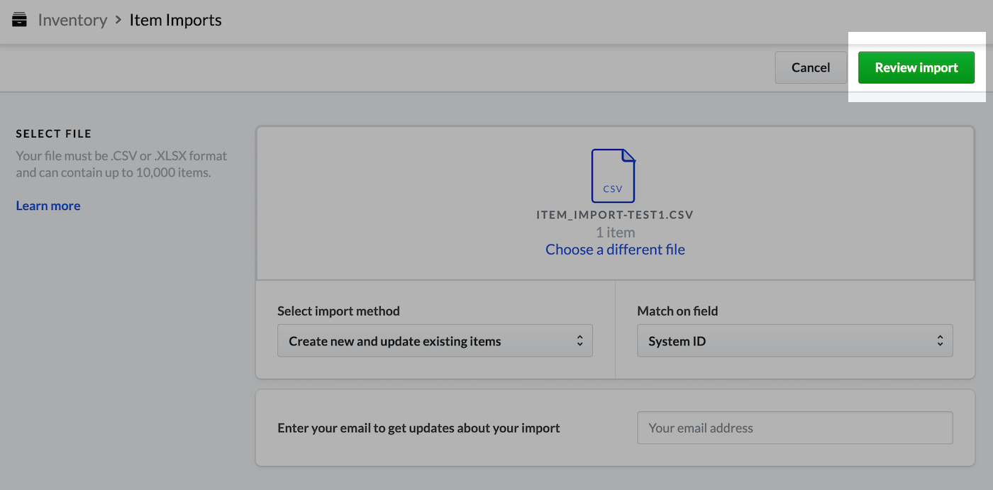 Import items page with Review Import button emphasized.