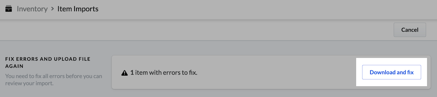 Fix errors and upload file again section with Download and fix button emphasized.
