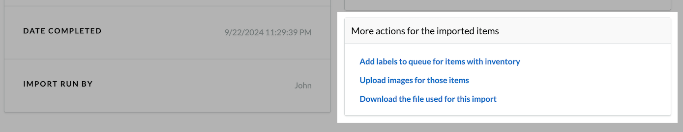 More actions section with options to Add labels, Upload images, or Download the import file.