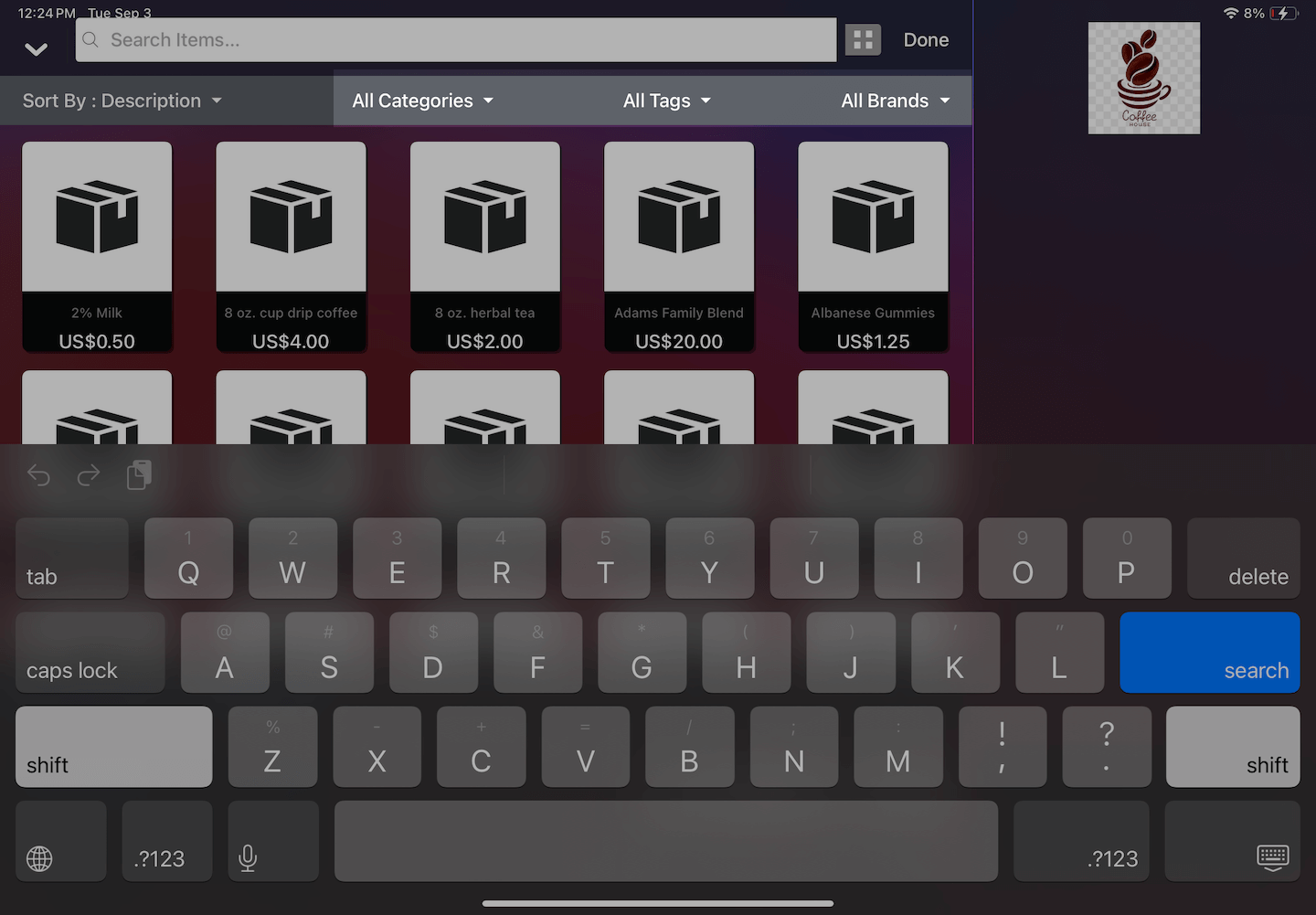 iPad Search items screen with options to filter by Categories, Tags, and/or Brands emphasized.