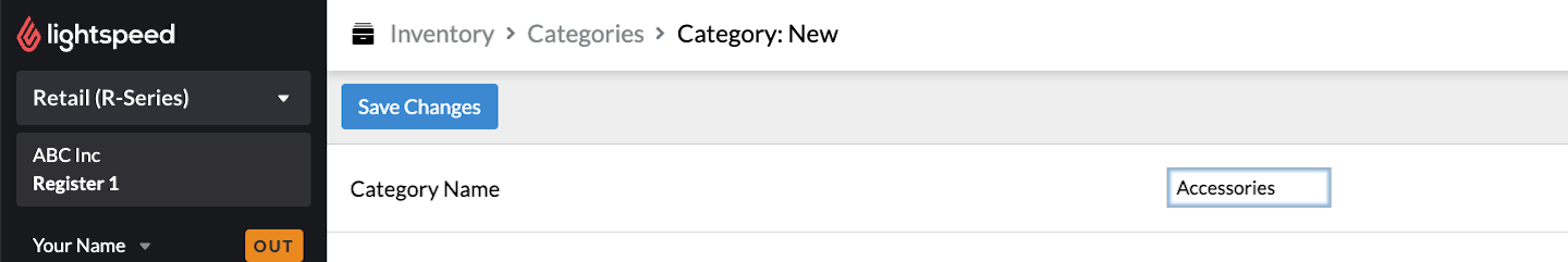 New category creation page with option to type in Category Name and Save Changes.