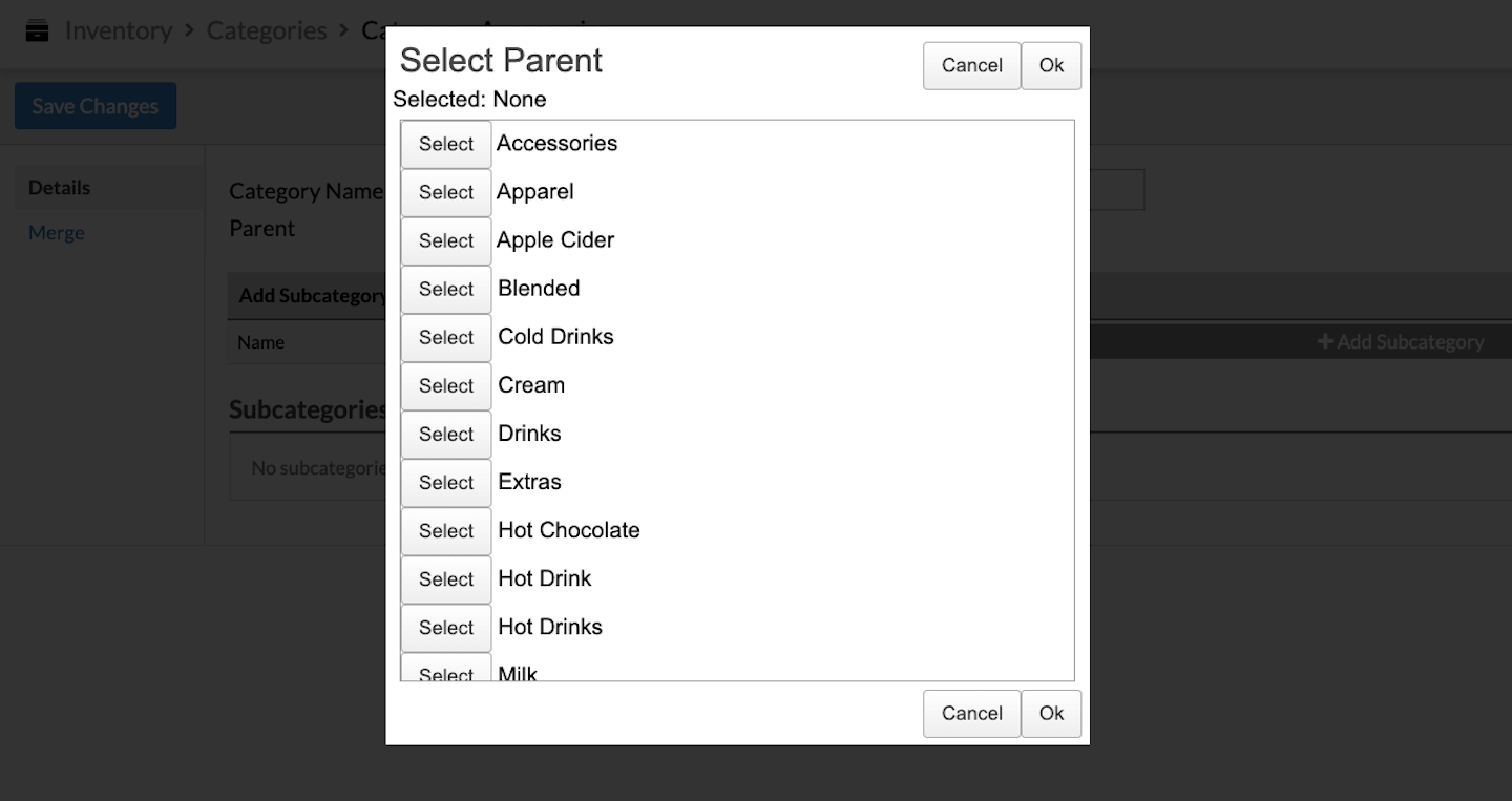 Pop-up with list of categories to Select Parent and options to Cancel or click Ok.