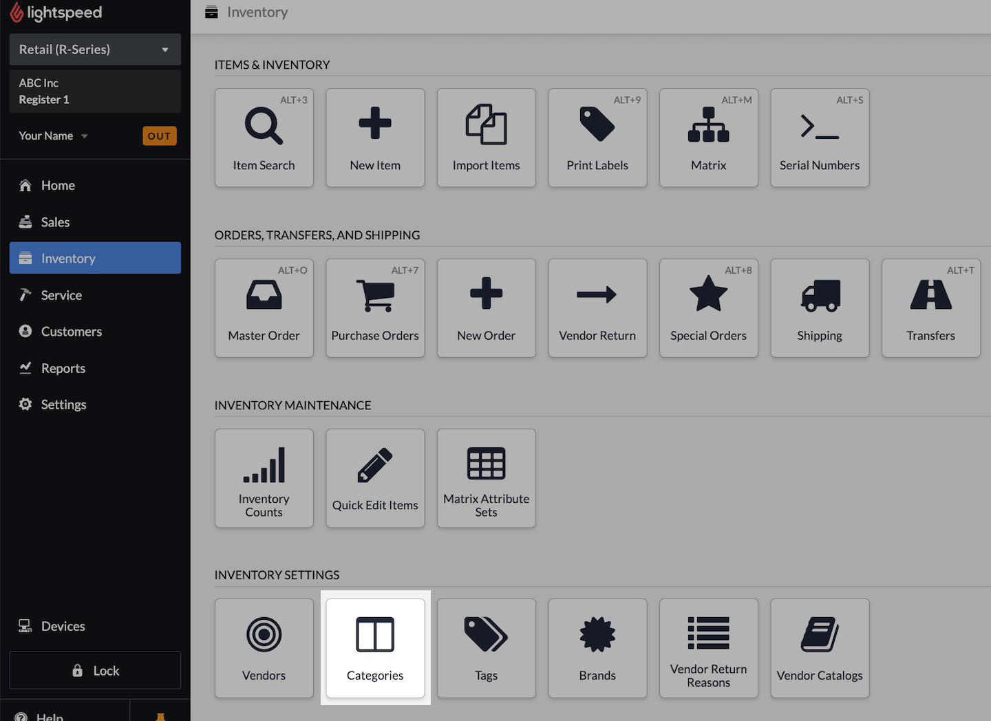 Inventory page with Categories emphasized.