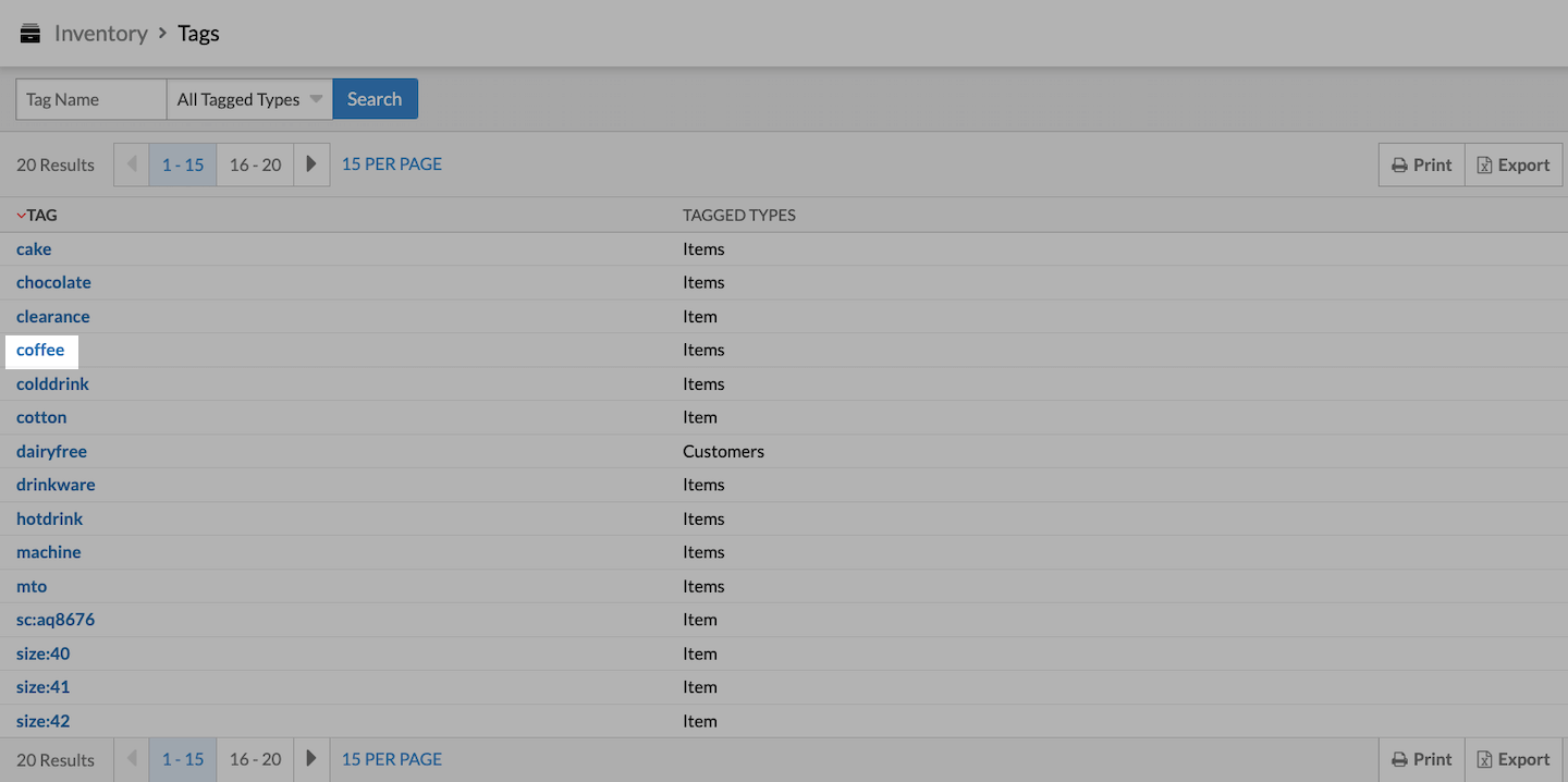 List of tags with individual tag emphasized.