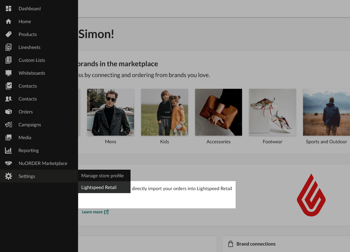 Linking accounts menu in Lightspeed Retail with NuORDER.