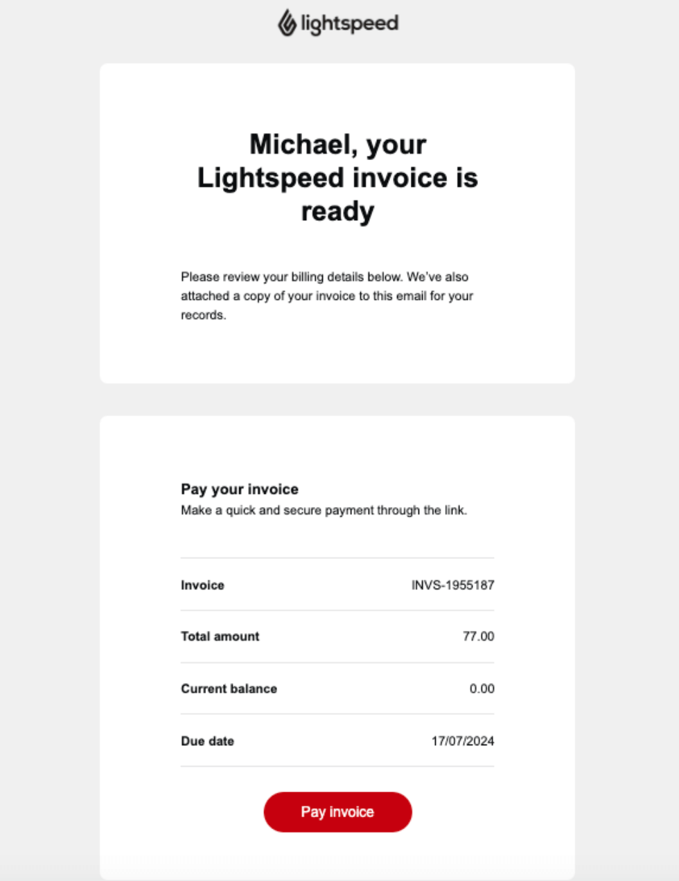 Sample
  of an invoice email with Pay invoice button.