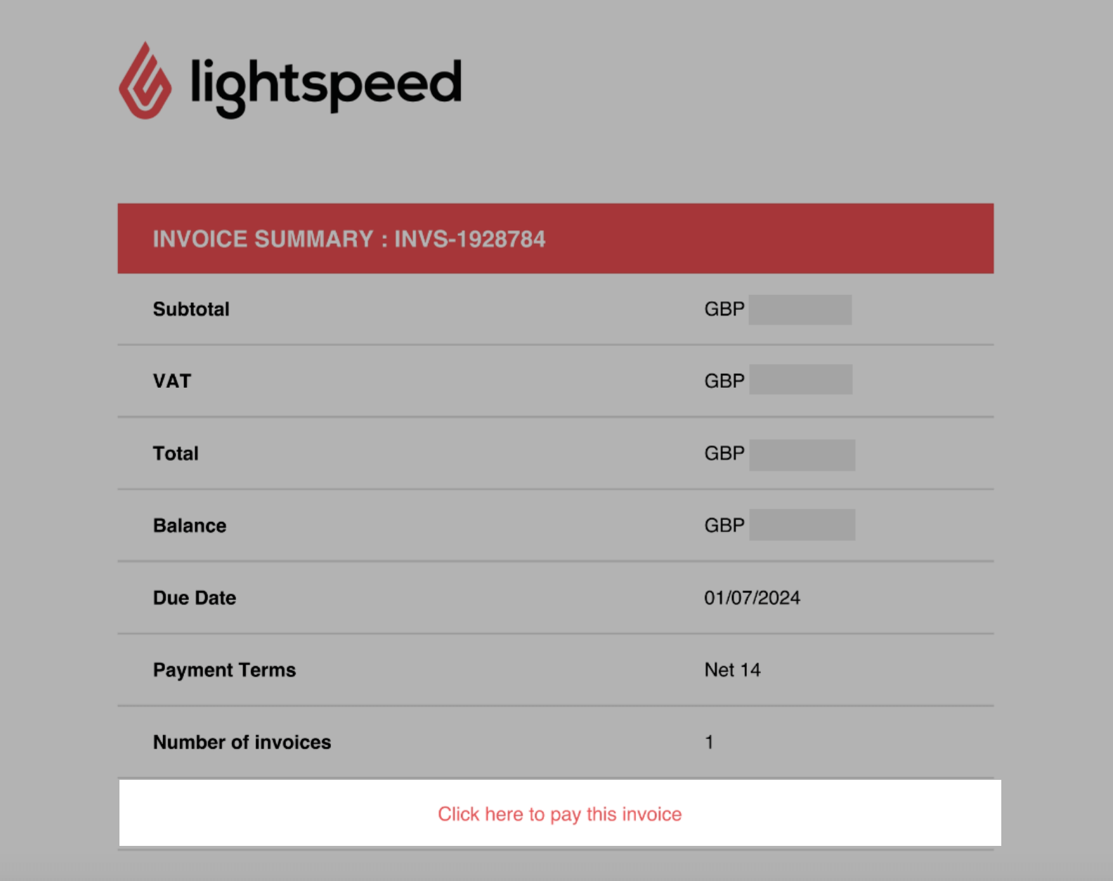 Sample
  of a PDF invoice with Click here to pay this invoice button highlighted.