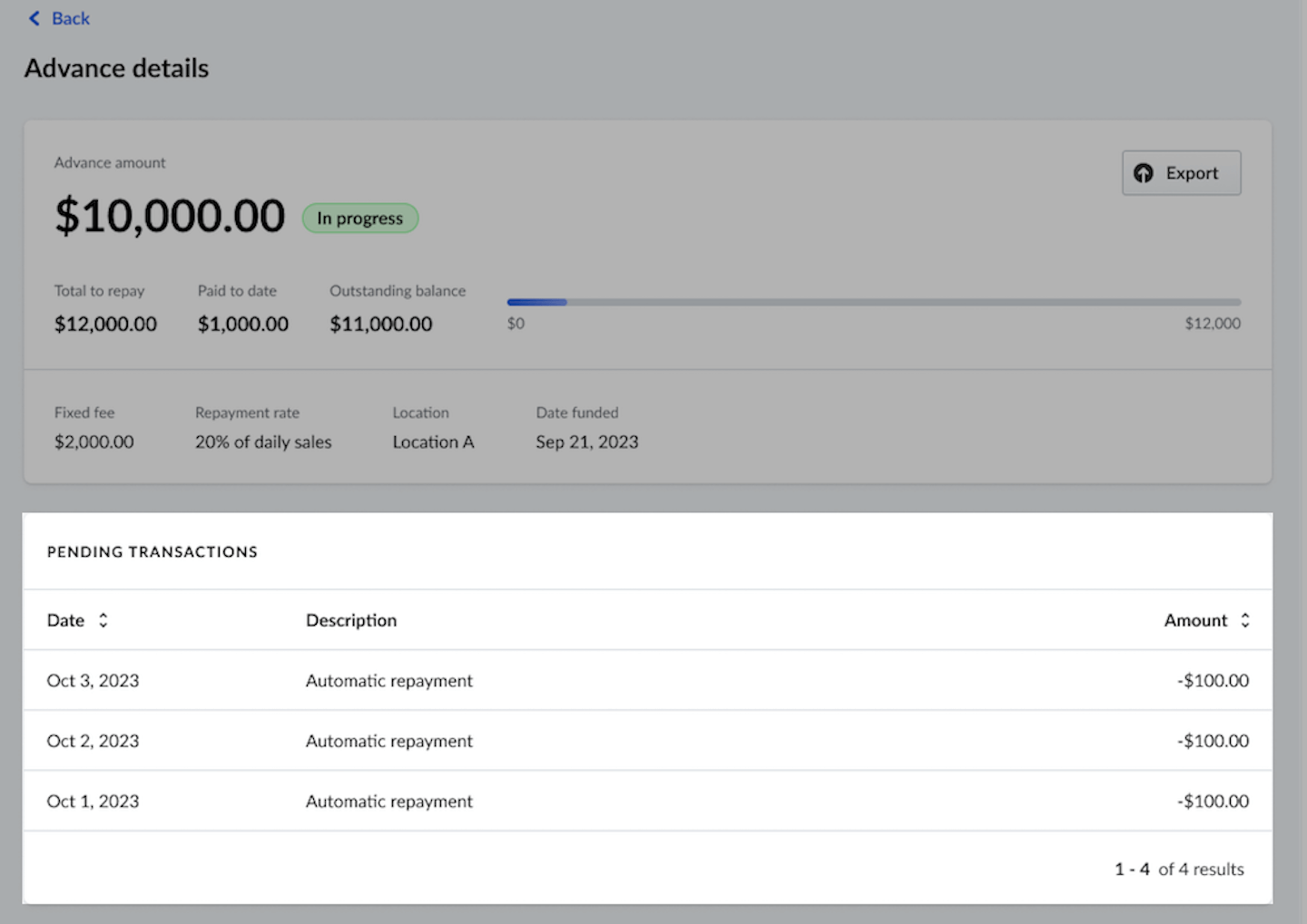 Specific advance page with Pending transactions section emphasized.