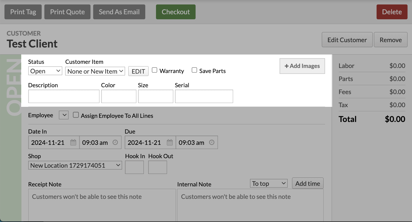 The work order page highlighting details like Status, Description, Color, Size, and Serial number.