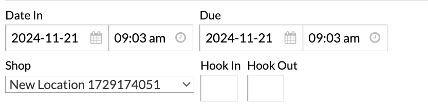 The work order page showing the Date In and Due fields