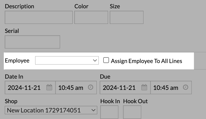 The work order page with the Employee drop down highlighted.