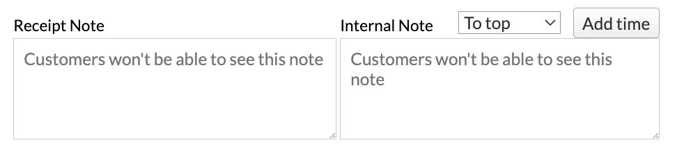 The Receipt note and Internal note fields on the work order page.