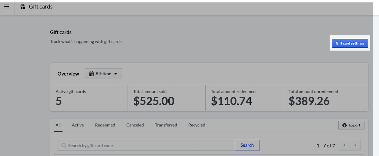Gift card page with gift card settings button highlighted.