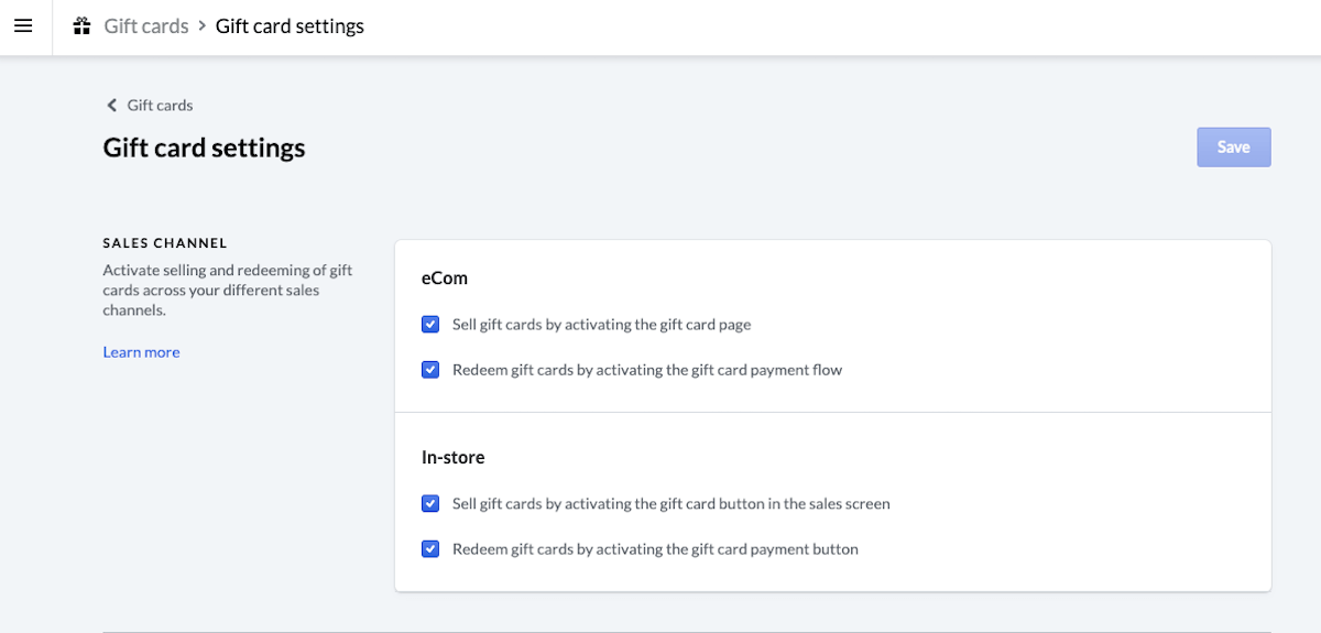 Gift card settings page with ecom checkboxes enabled.