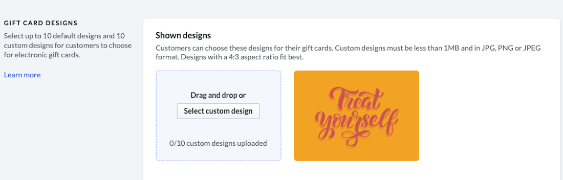 Custom image section showing select custom design button.