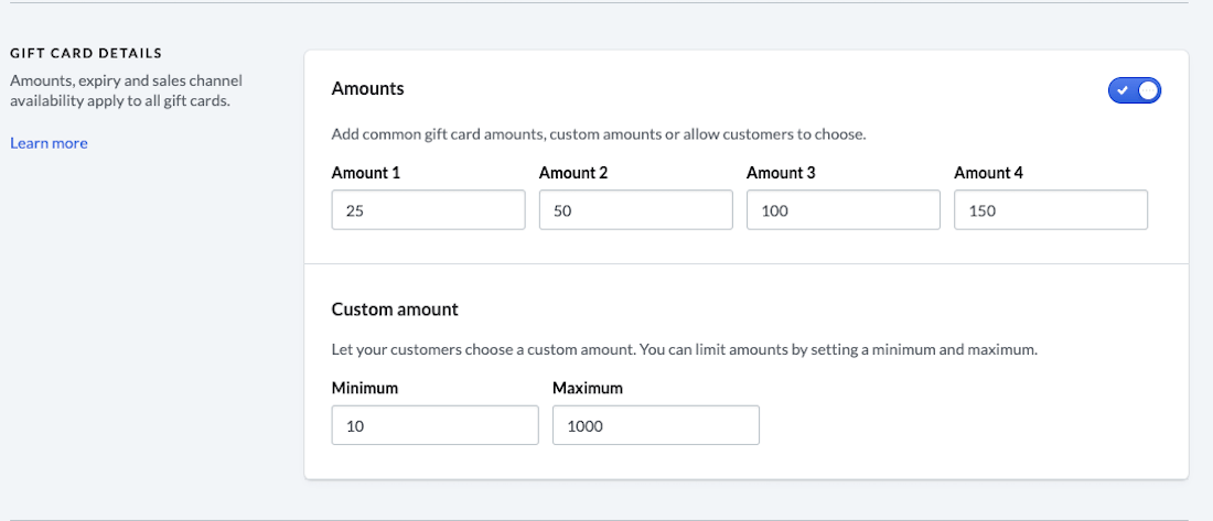 Gift card settings page with fields to enter amounts.