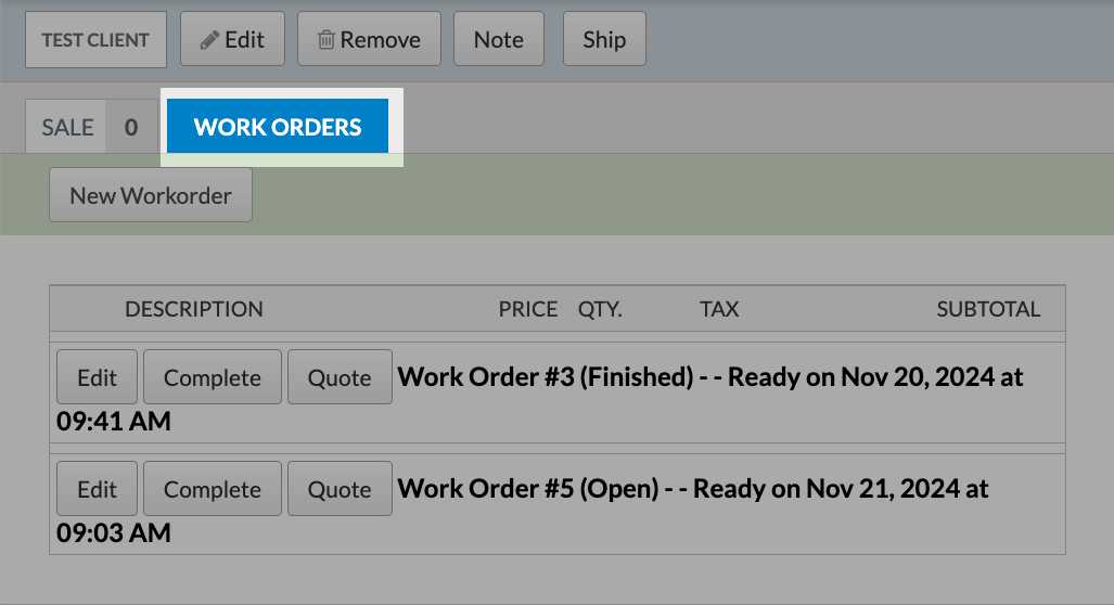 Sales page with Work Orders tab highlighted.