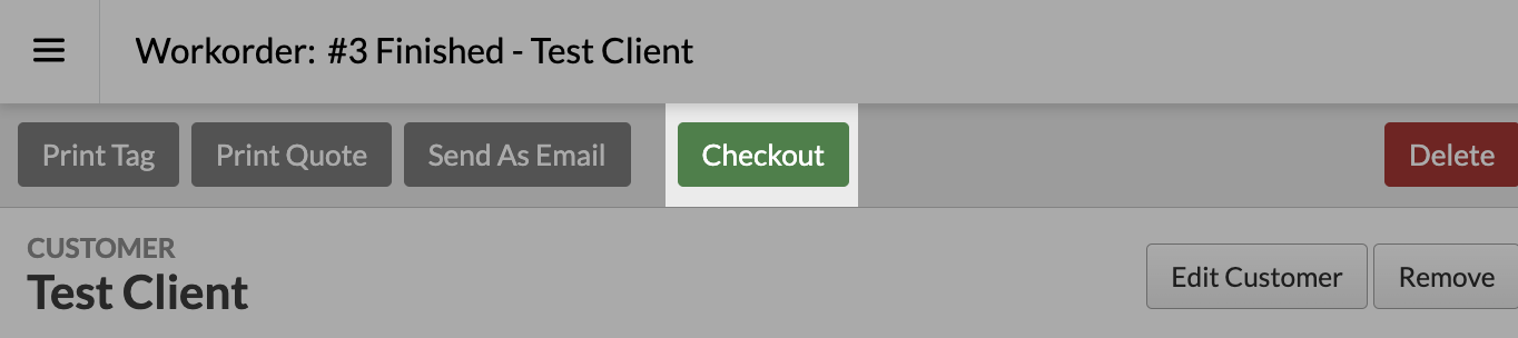 A work order with the Checkout button highlighted.