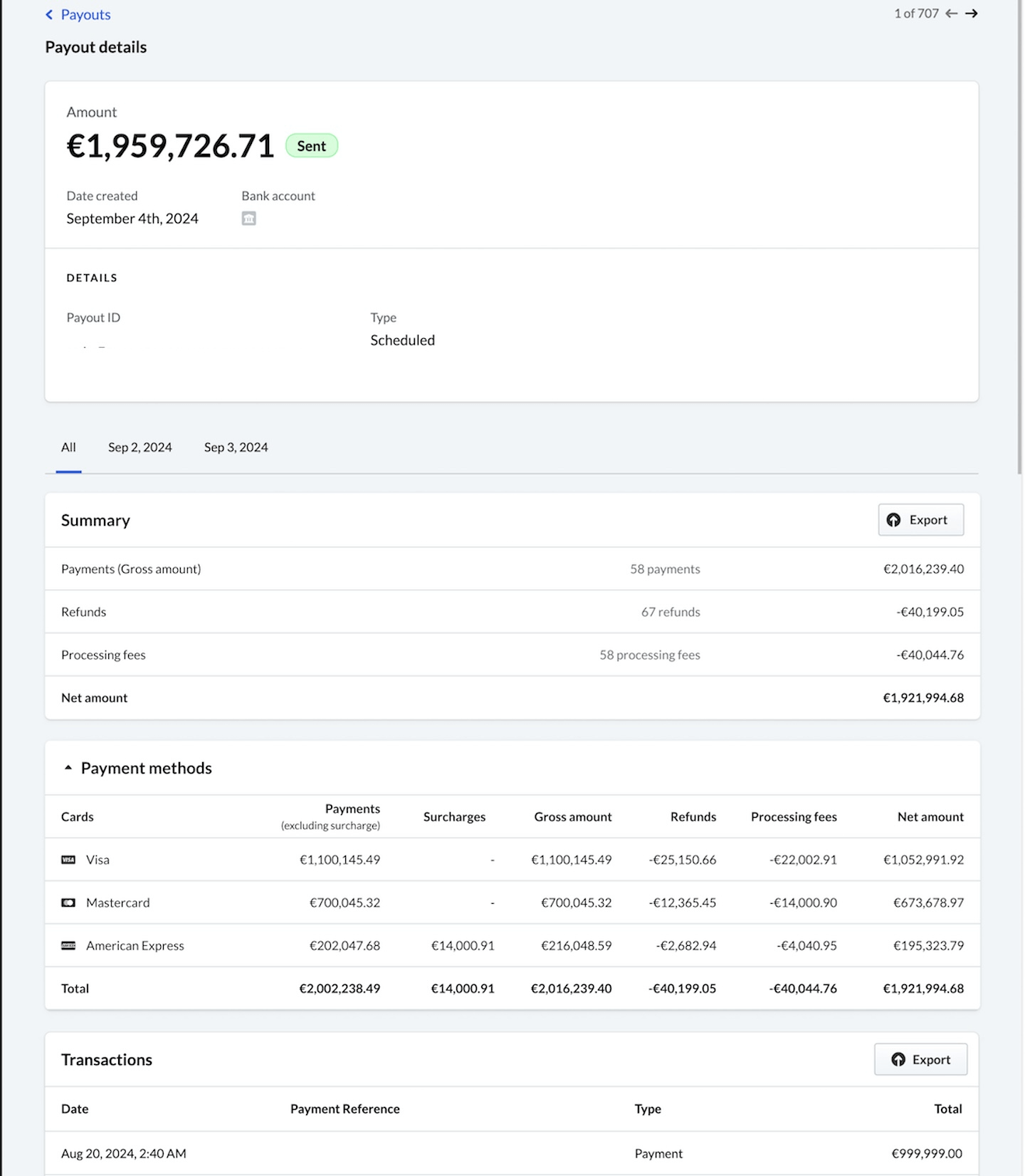 Payouts page showing details for a specific payout.