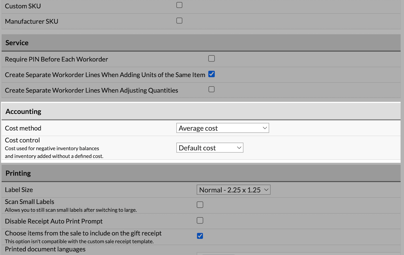 Accounting settings showing options for cost method and cost control.