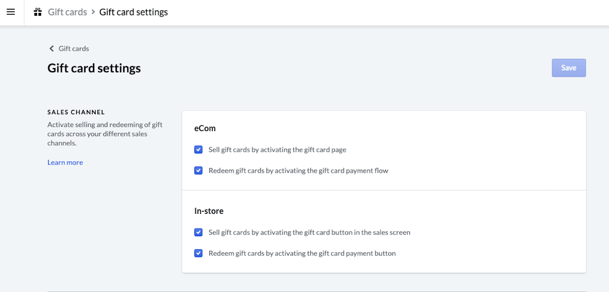 Gift card settings page with eCom checkboxes enabled.