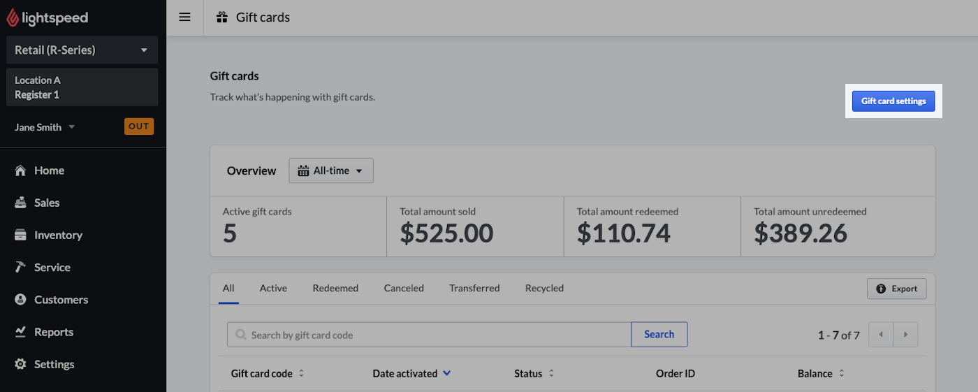 Gift card main page with gift card settings button highlighted.