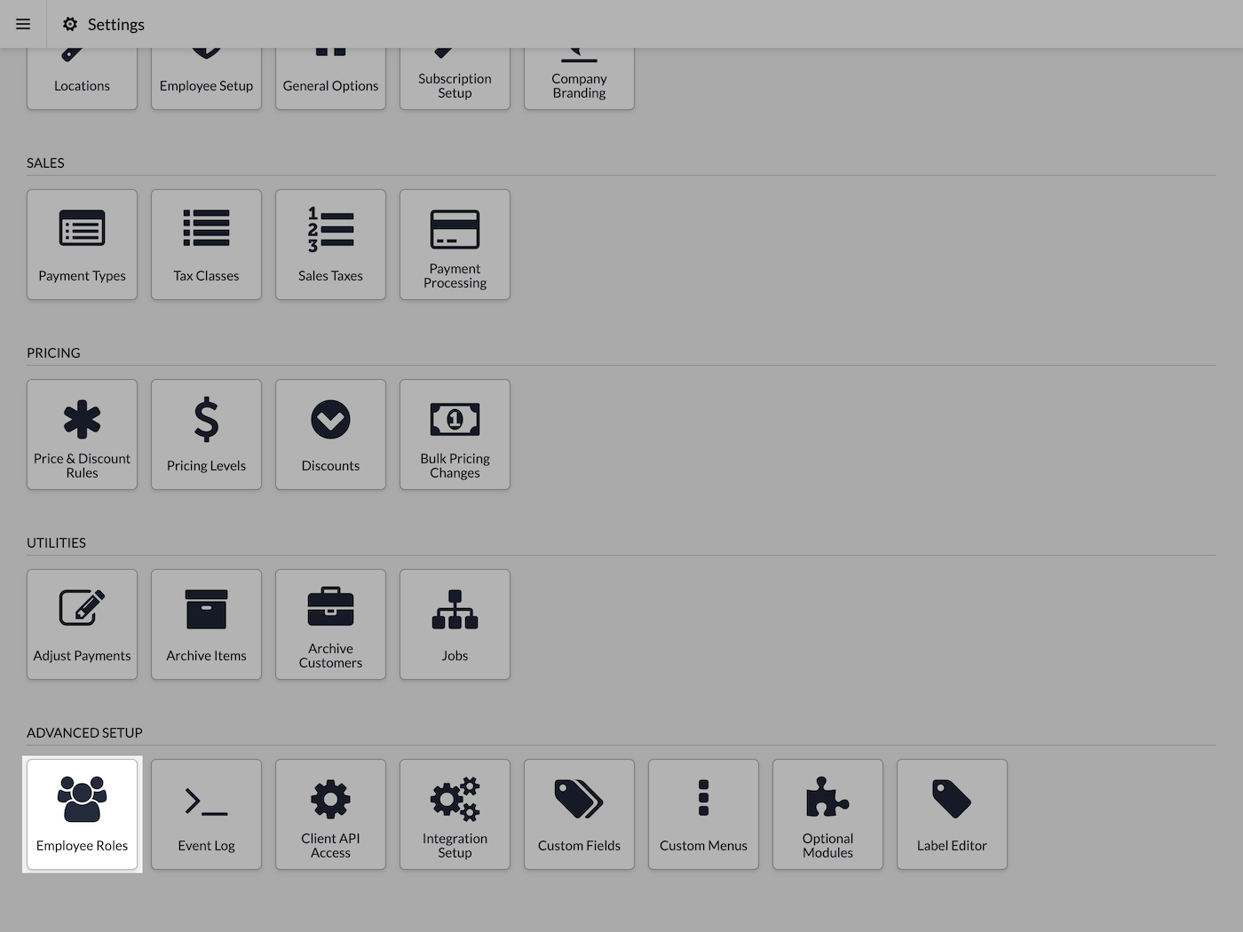 Settings page with employee roles button highlighted.