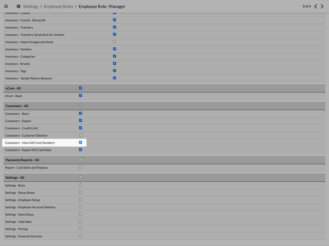 Employee roles page with view gift card numbers permission highlighted.