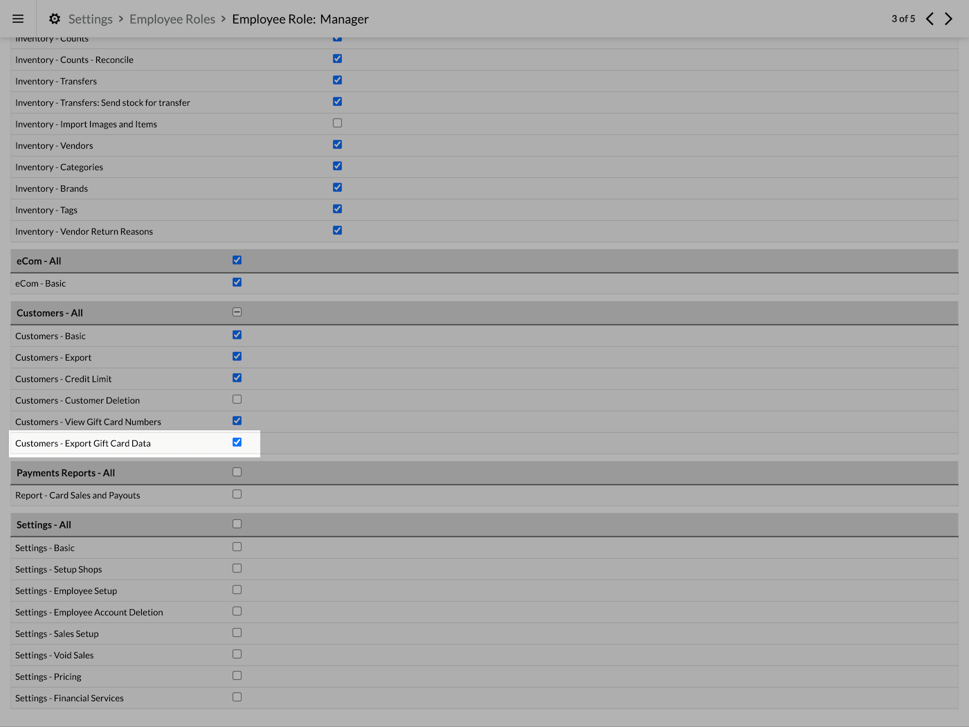 Employee roles page with export gift card data permission highlighted.
