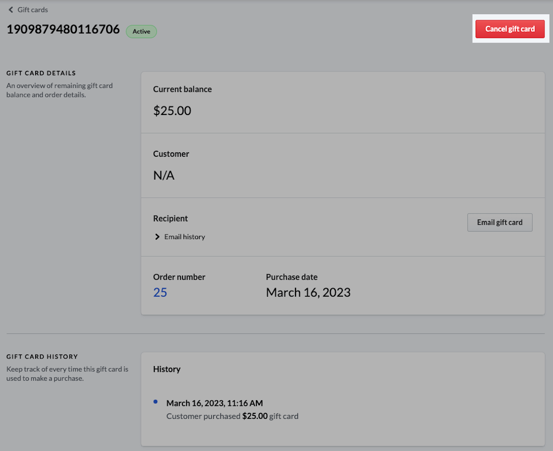Gift card details page with cancel gift card button highlighted.