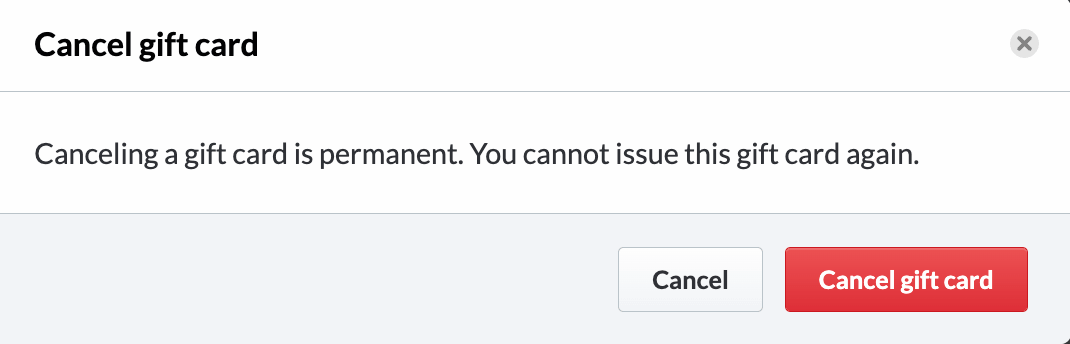 Confirmation window to cancel gift card.