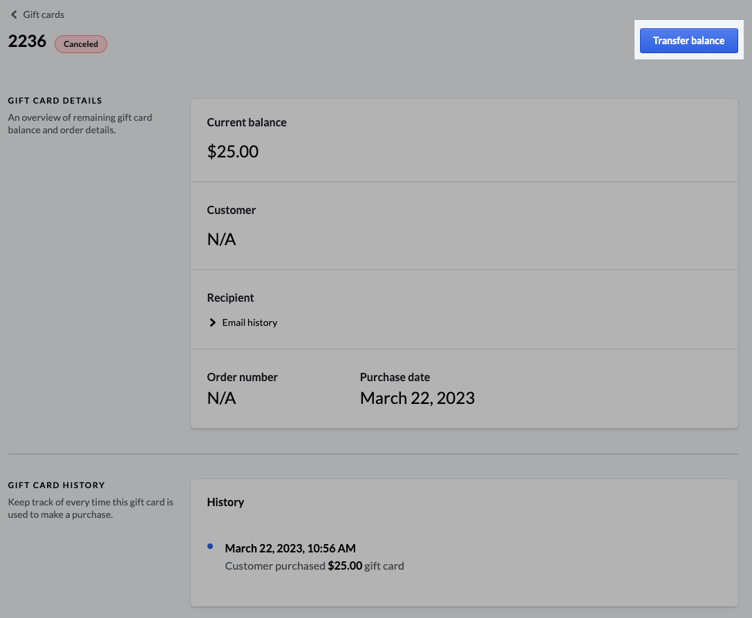 Gift card details page with transfer gift card button highlighted.