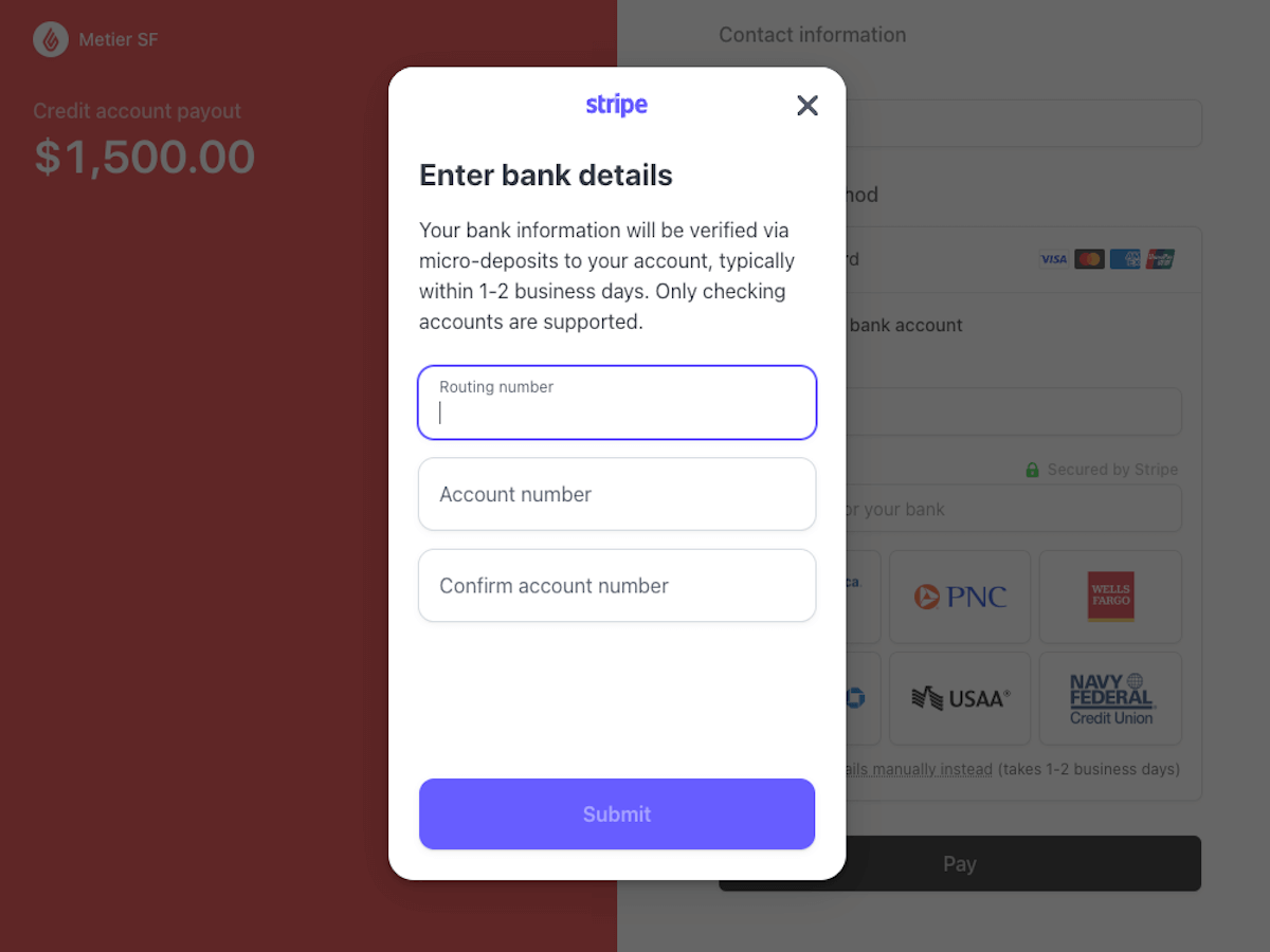 Stripe bank details form.