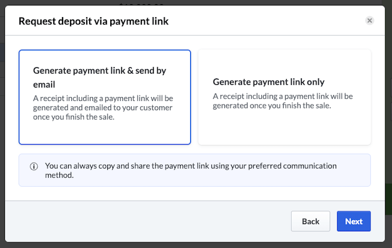 Options de demande de dépôt via un lien de paiement.