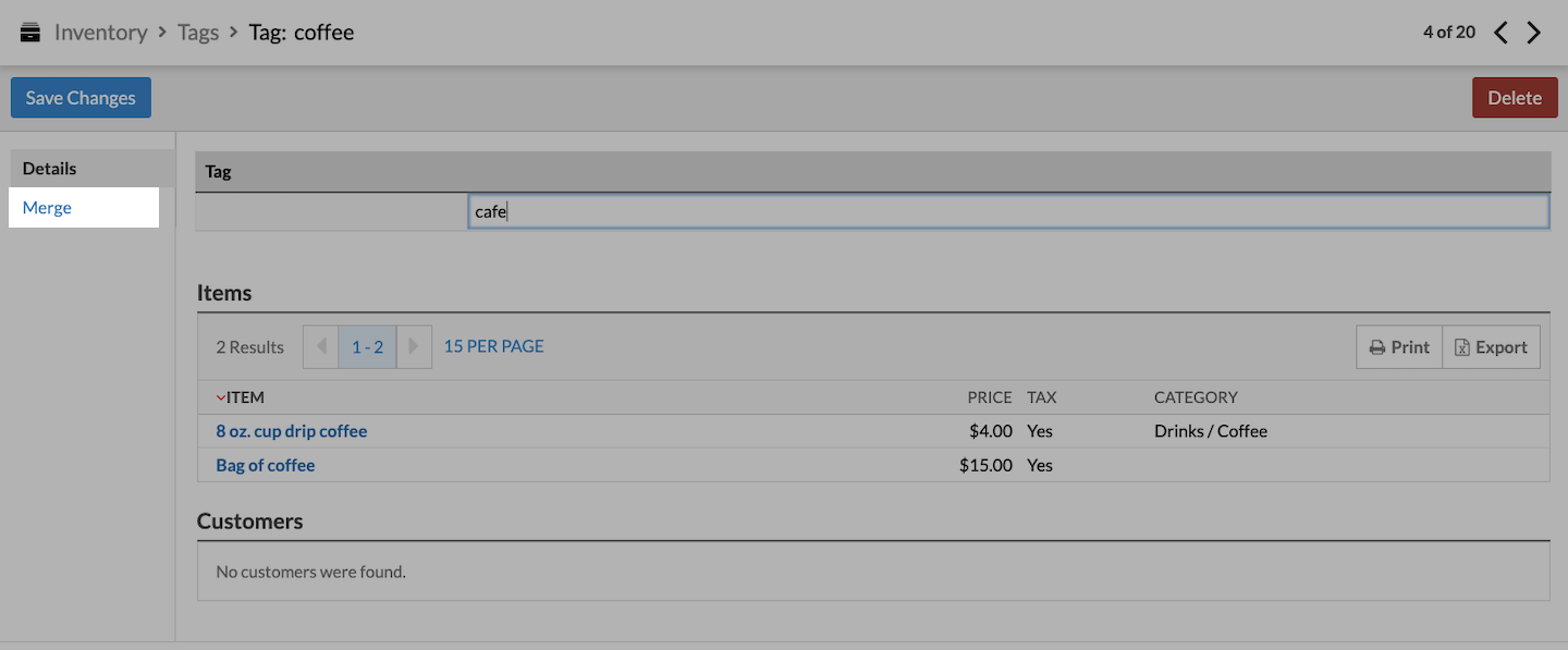 Tag-pagina met het tabblad Samenvoegen uitgelicht.